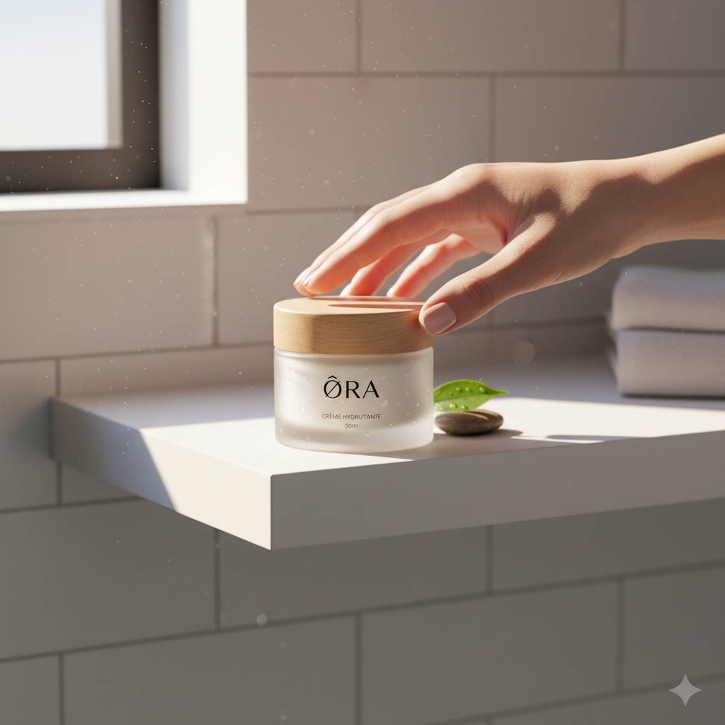 ORA cream minimal studio with water drops